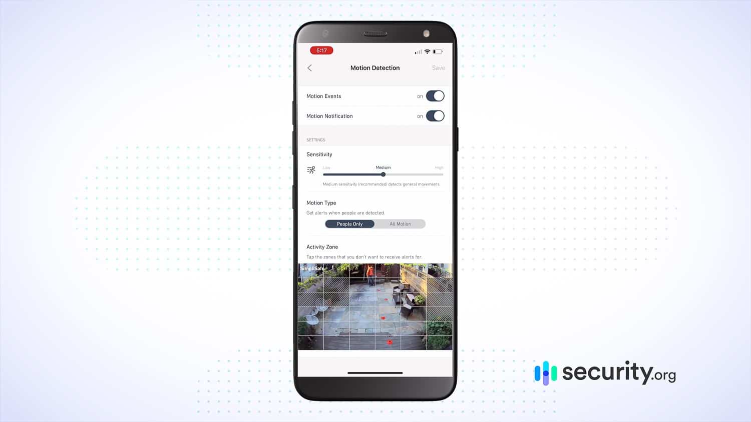 SimpliSafe app's motion detection settings