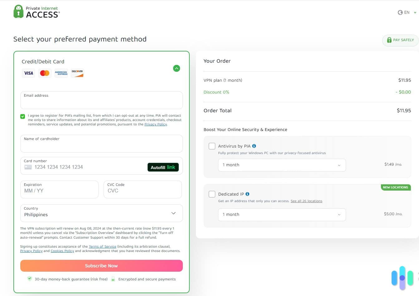 Buying a PIA VPN subscription with a credit or debit card