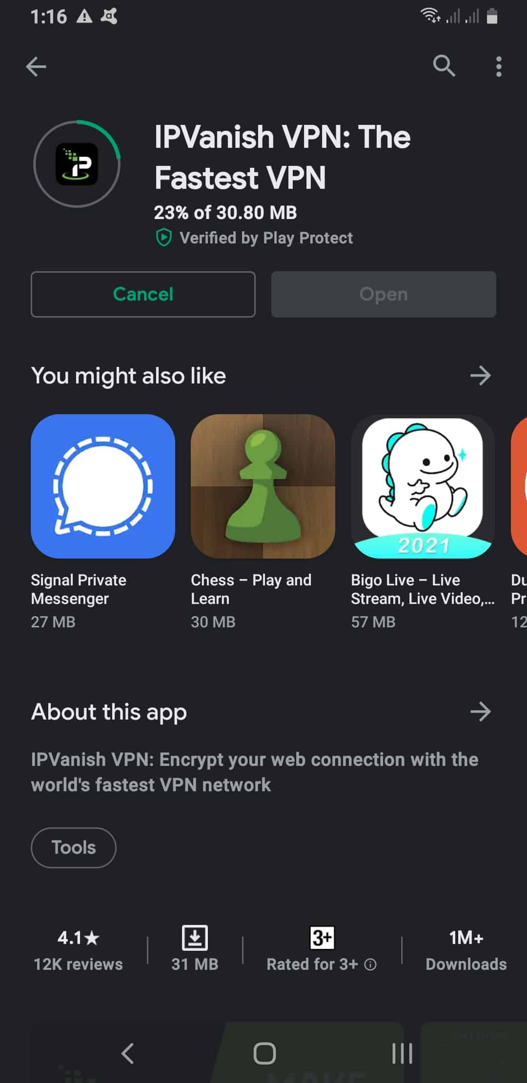 Downloading the IPVanish VPN app from the Play Store