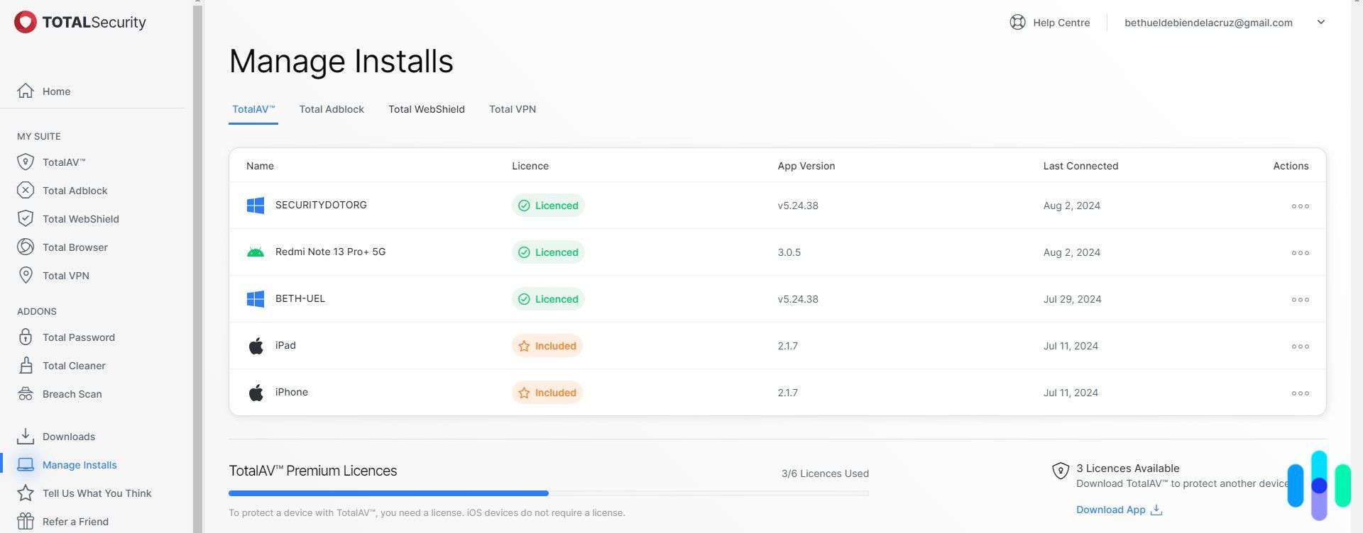 Here's our TotalAV dashboard that shows that shows the devices on which we installed TotalAV; the iPad and iPhone were not counted against our device limit