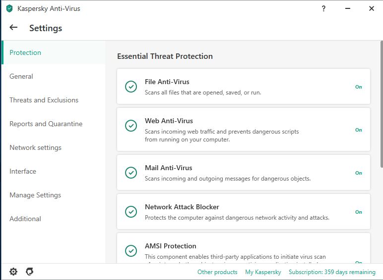 Kaspersky Antivirus Settings Menu