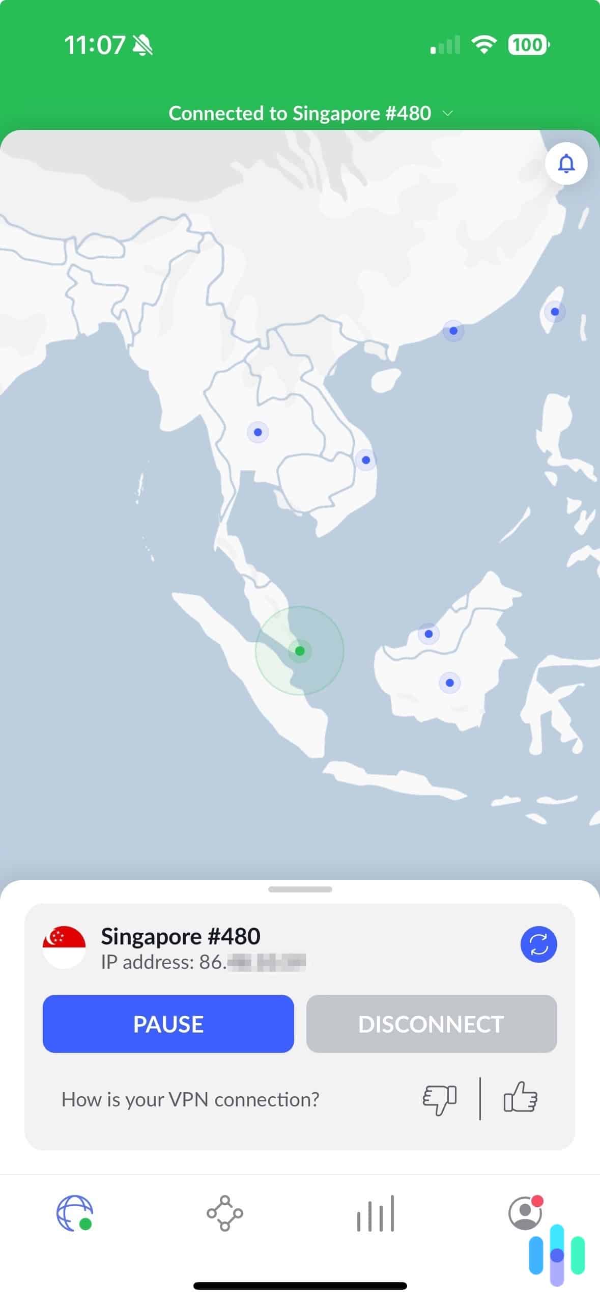 NordVPN on iOS Connected to a Singapore server