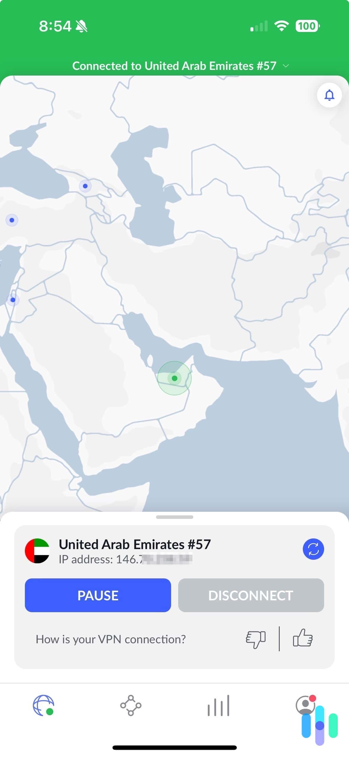 NordVPN connected to United Arab Emirates on an iPhone