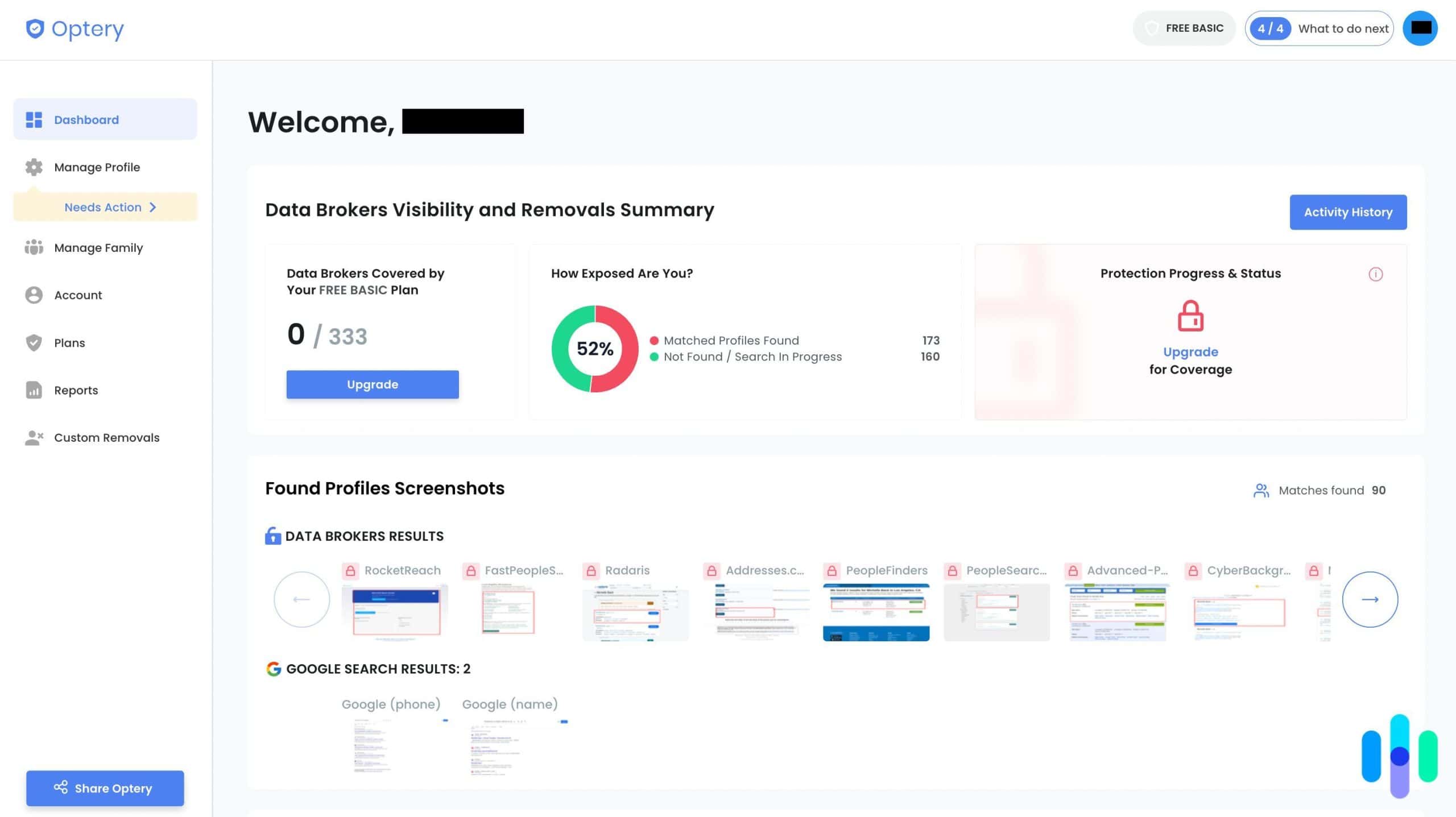 Optery dashboard