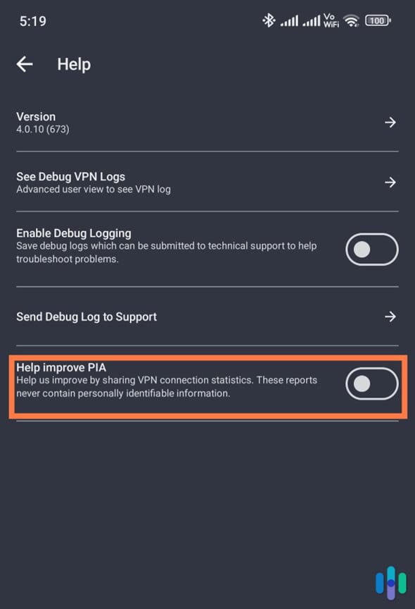 PIA VPN connection statistics opt-in/opt-out