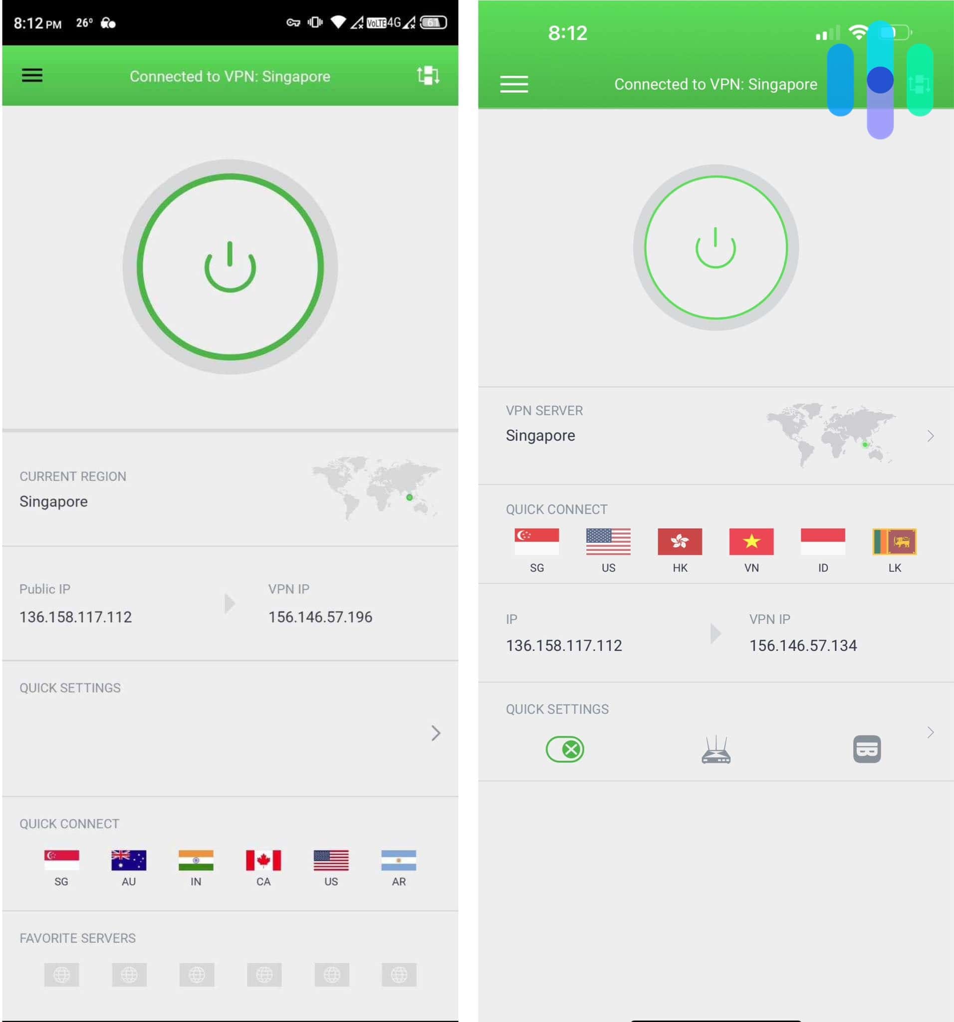 Private Internet Access Android and iOS apps side by side.