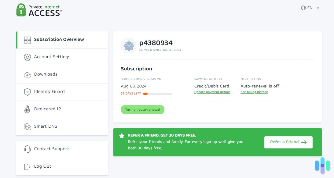 Private Internet Access subscription information
