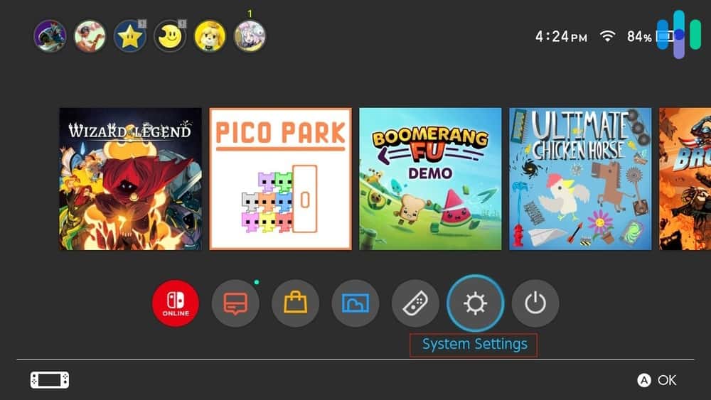 Selecting System Settings on Nintendo Switch