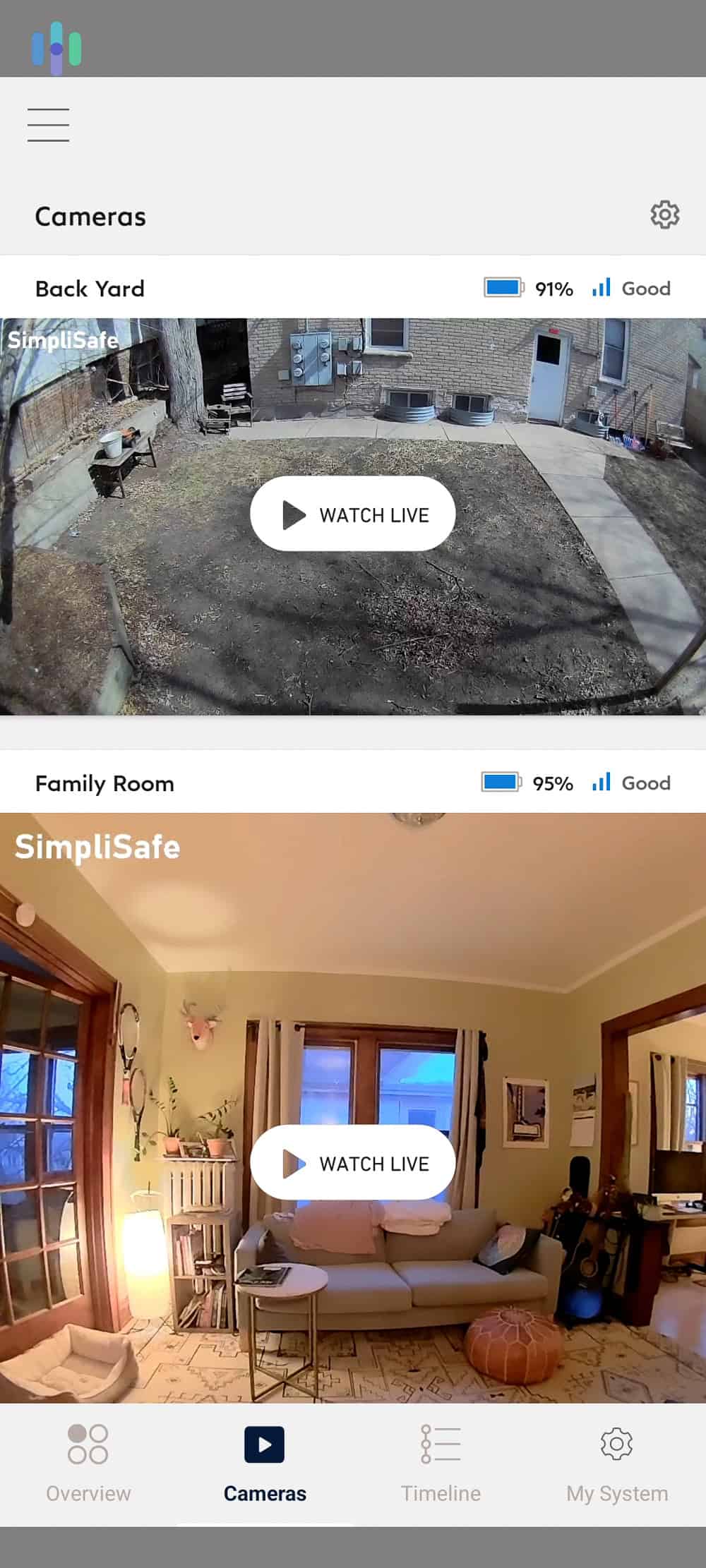 SimpliSafe app's camera view