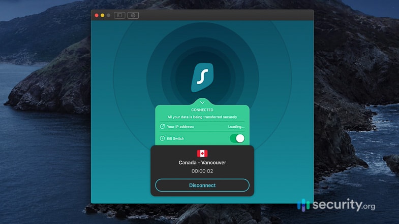 Surfshark VPN connected to Vancouver, Canada
