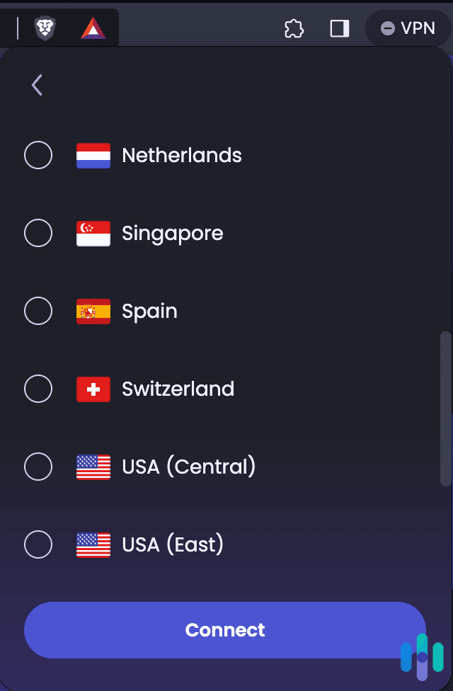 Partial list of Brave’s built-in VPN extension server locations