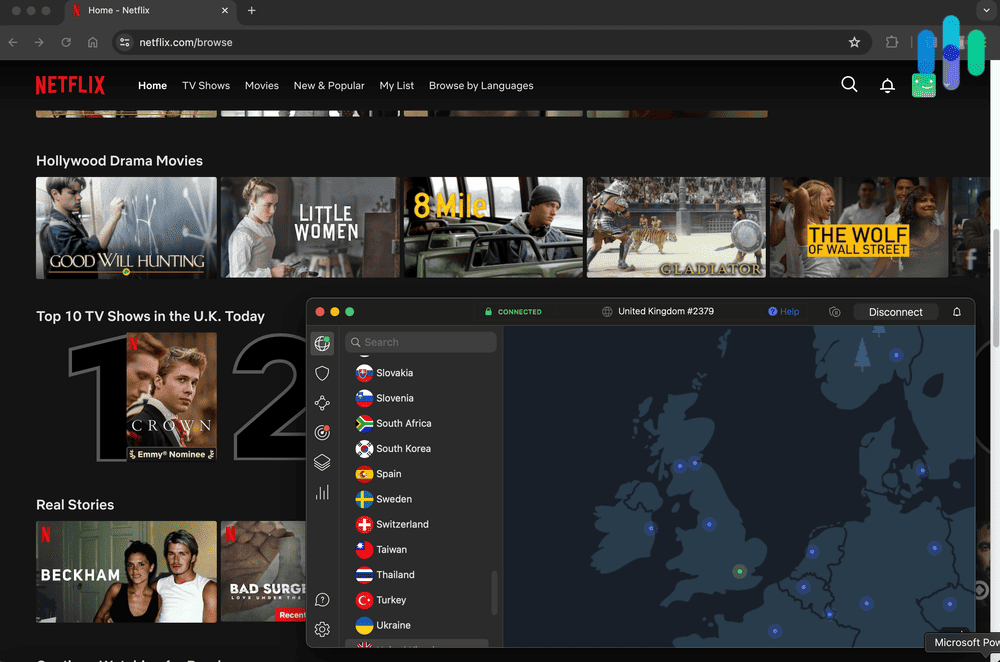 Connected to a UK VPN server to watch UK Netflix content