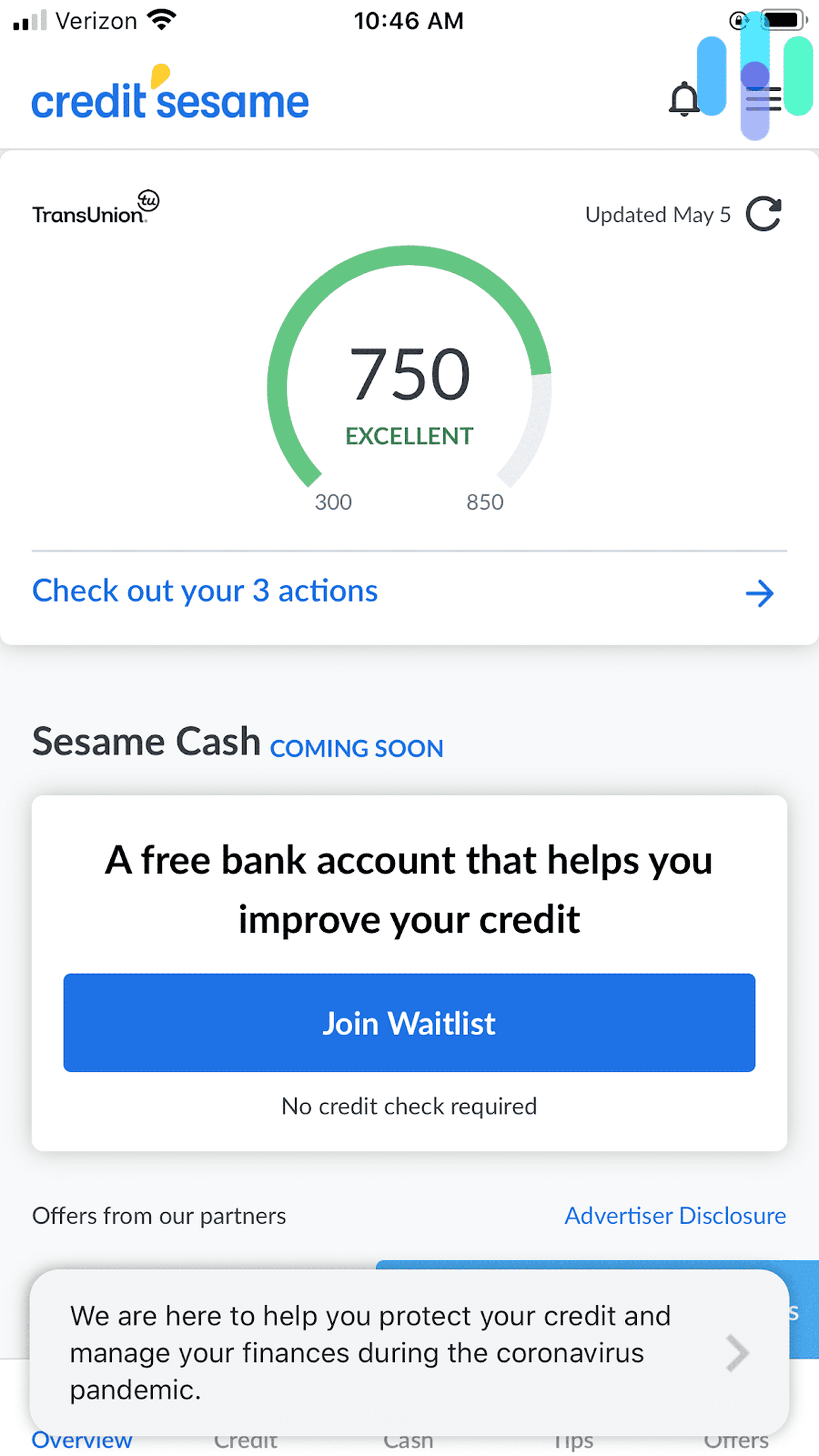 Credit Sesame App Home Screen