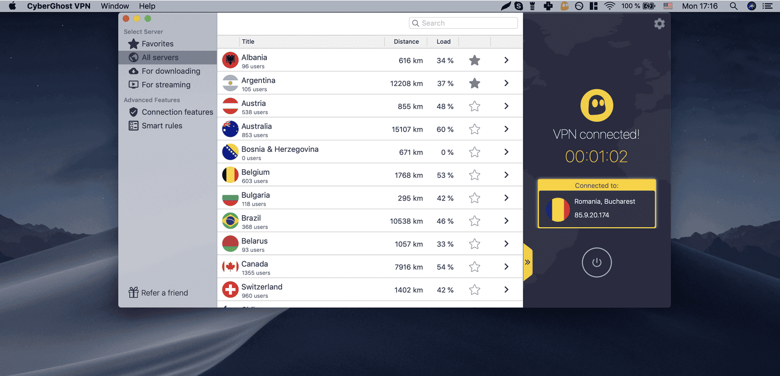 CyberGhost app on a Mac