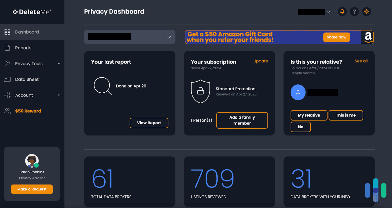 DeleteMe dashboard