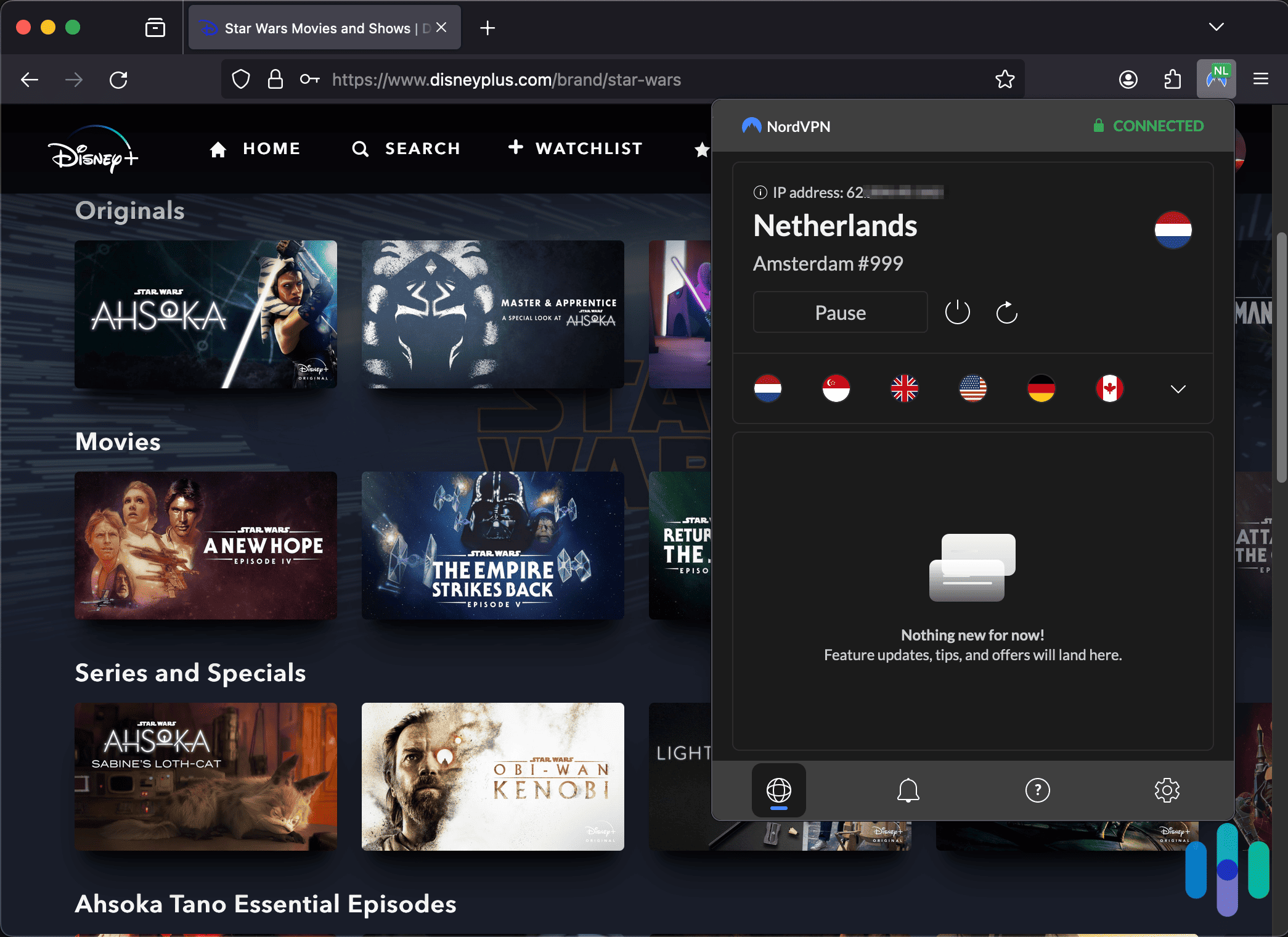 Browsing Disney Plus in the Netherlands using the Firefox NordVPN extension