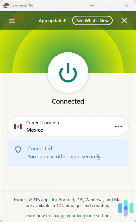 ExpressVPN connected to Mexico, a torrent-friendly country