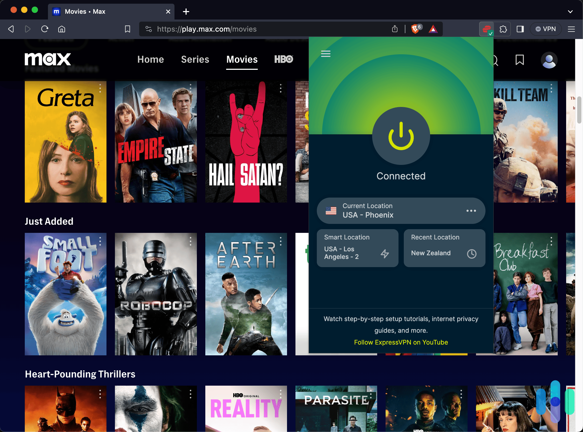 Testing the ExpressVPN Brave Browser extension on Max