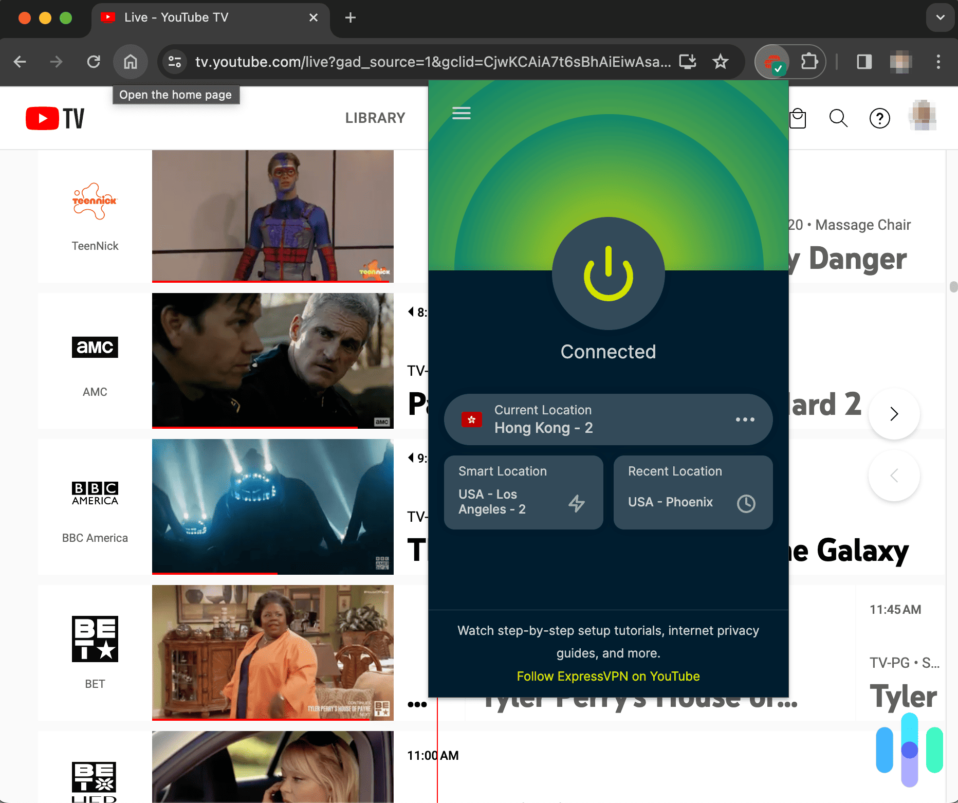 ExpressVPN with the Chrome extension connected to Hong Kong while on YouTube TV