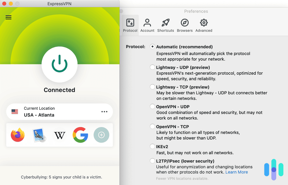 ExpressVPN’s protocol and encryption options