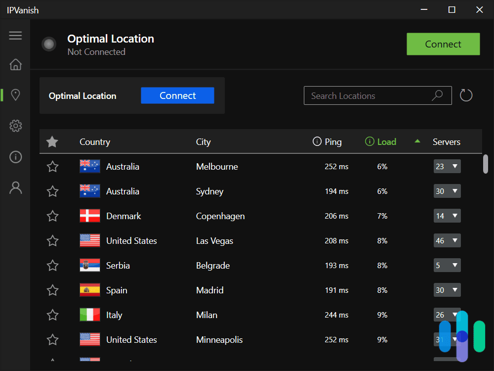 IPVanish location and speed filtering