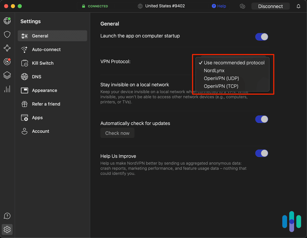 Example of NordVPN's different protocols and encryption methods