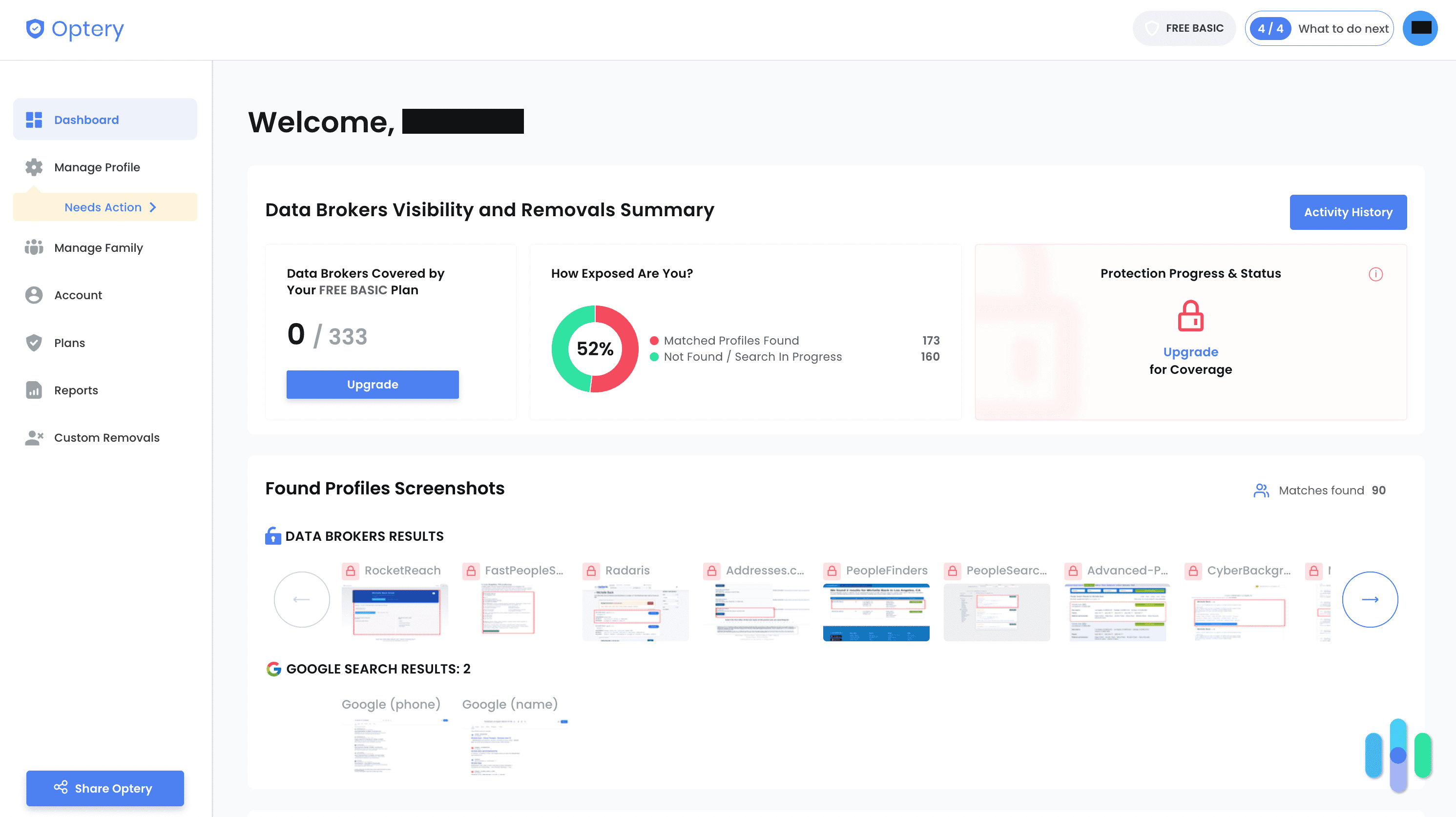 Optery dashboard