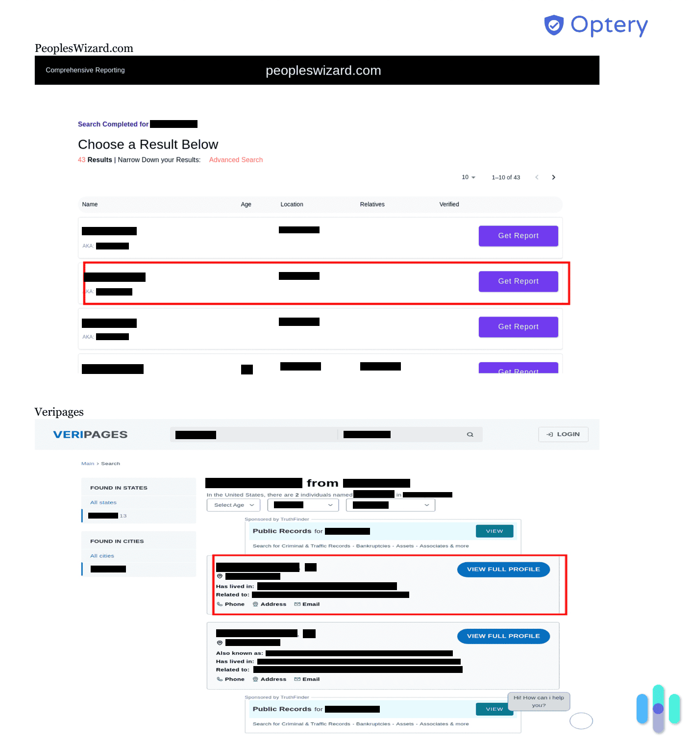 Optery report showing profiles