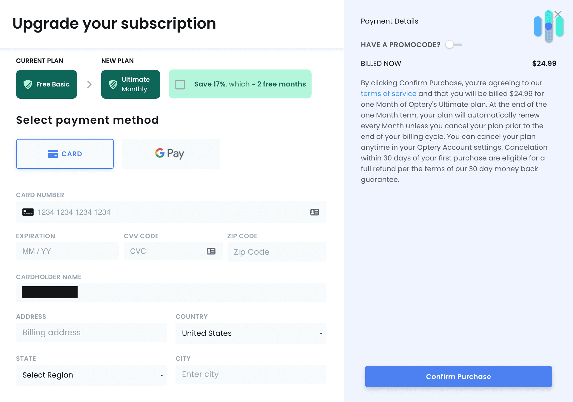 Optery upgrade billing window