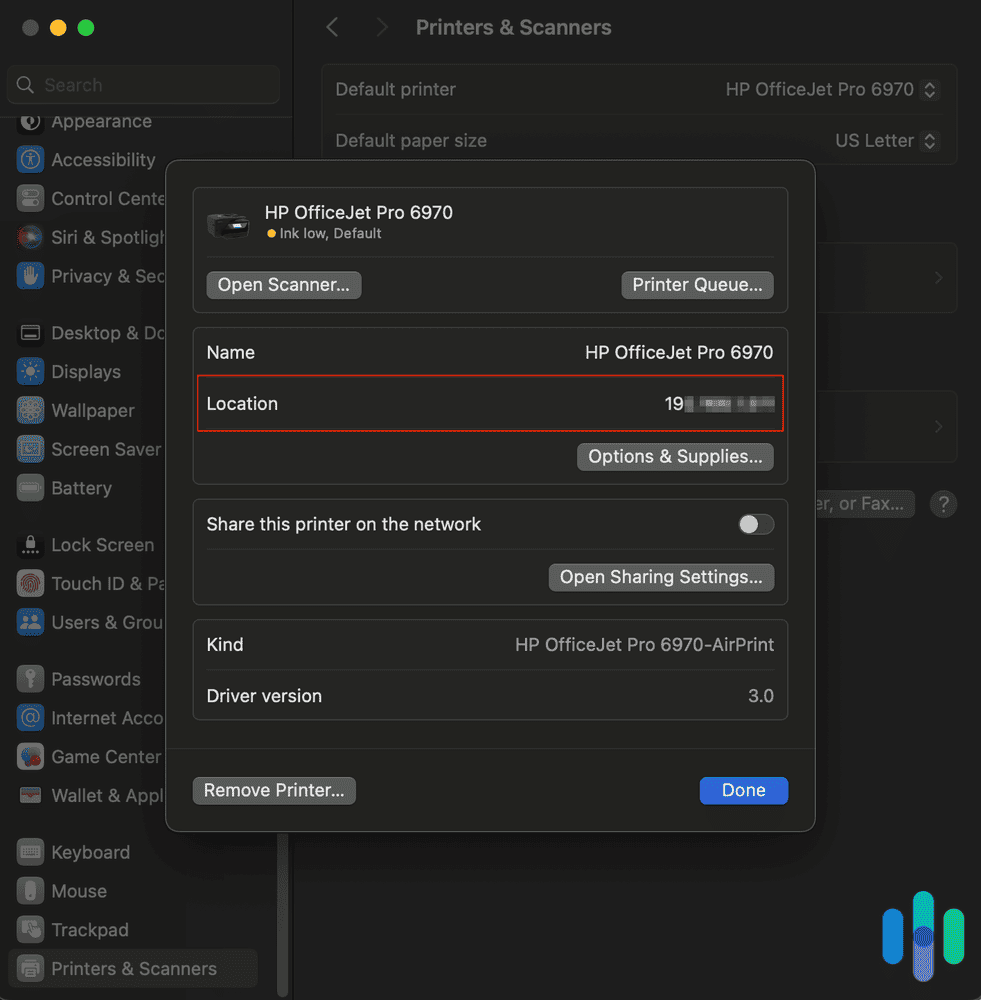 Printer IP address location on Mac