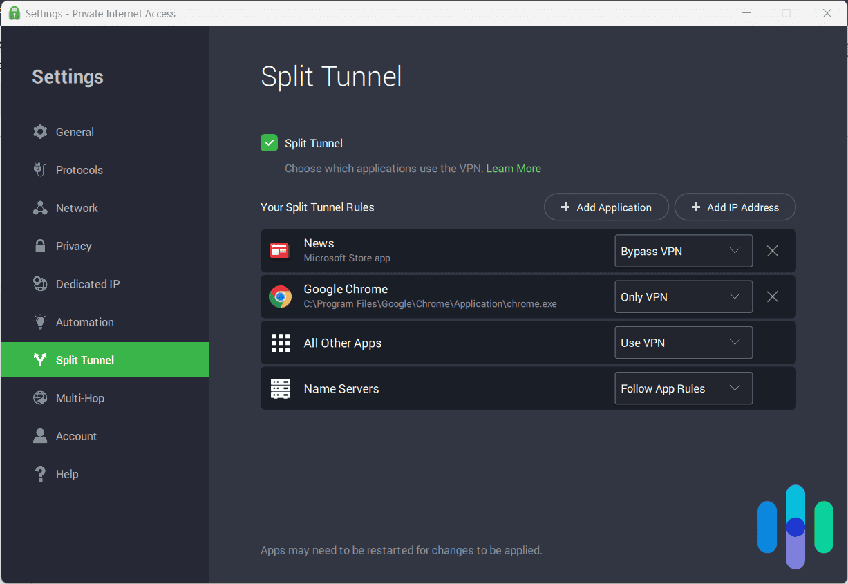 Private Internet Access advanced split tunneling