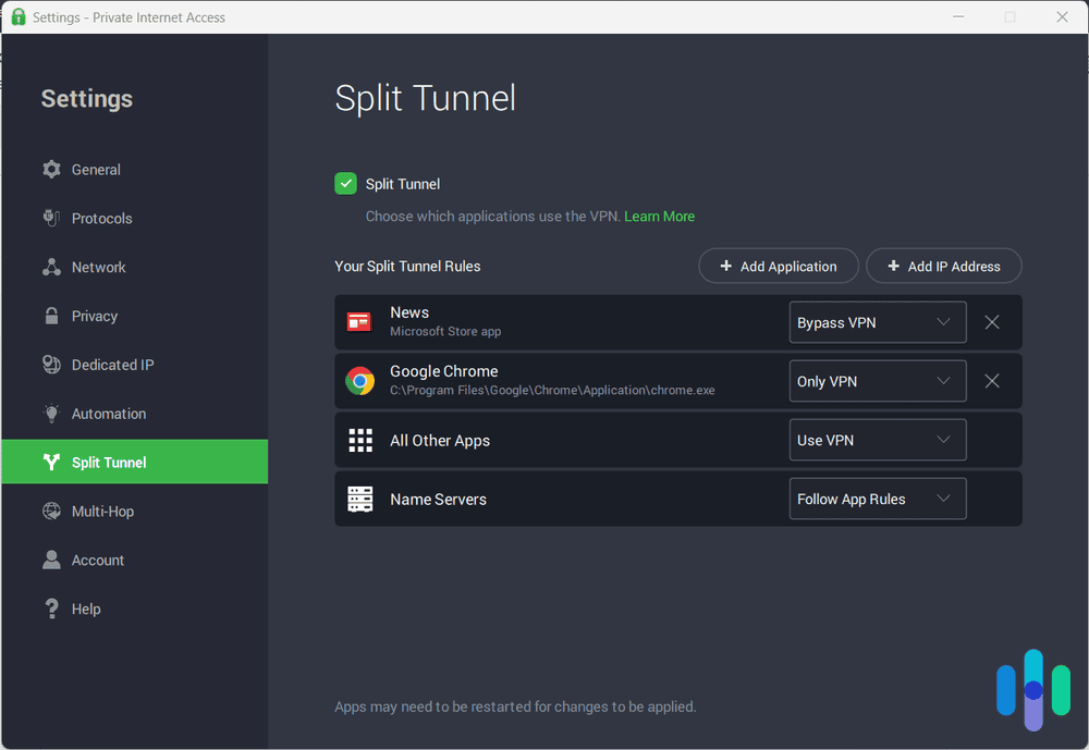 Private Internet Access VPN split tunneling options