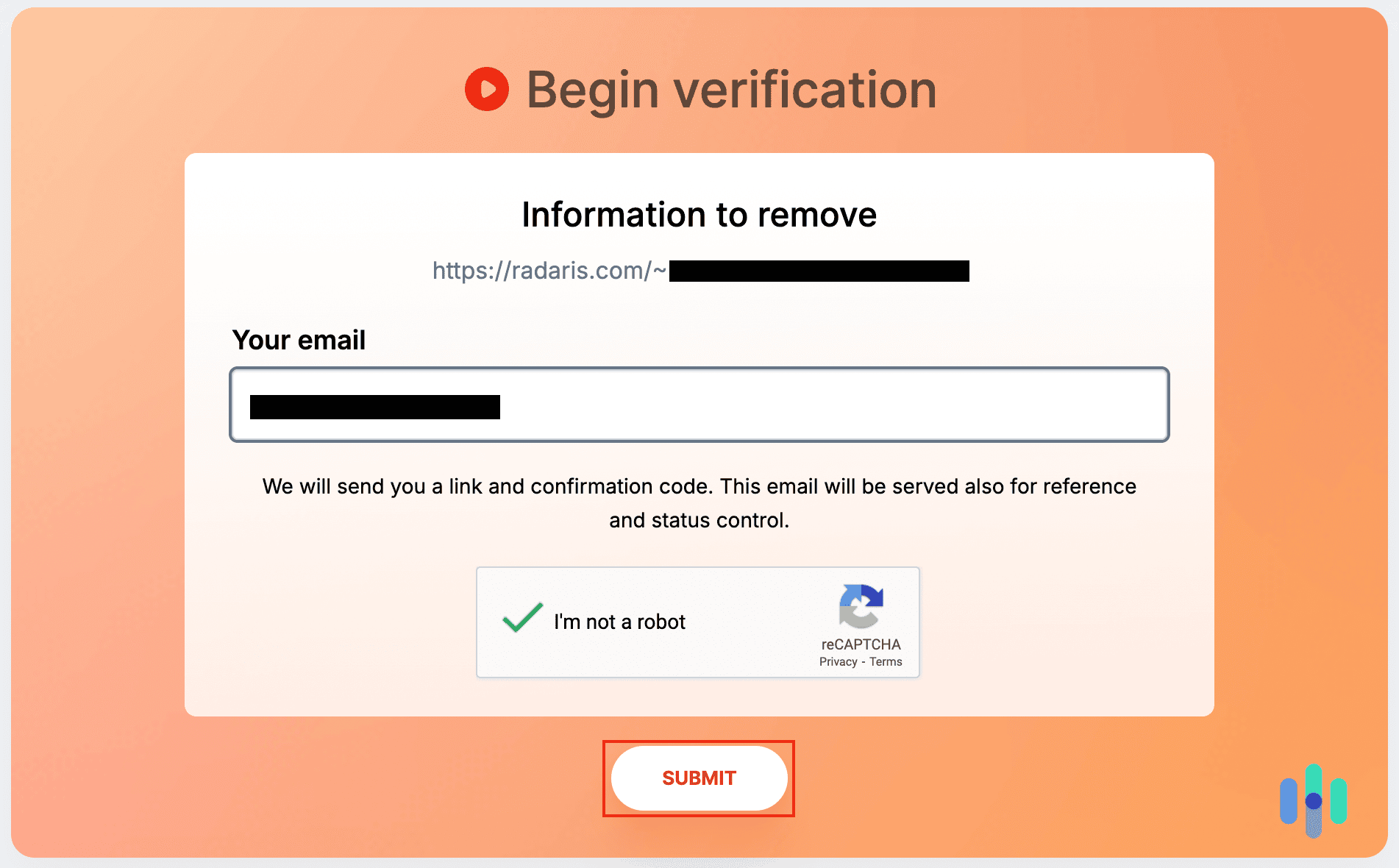 Radaris begin verification screen