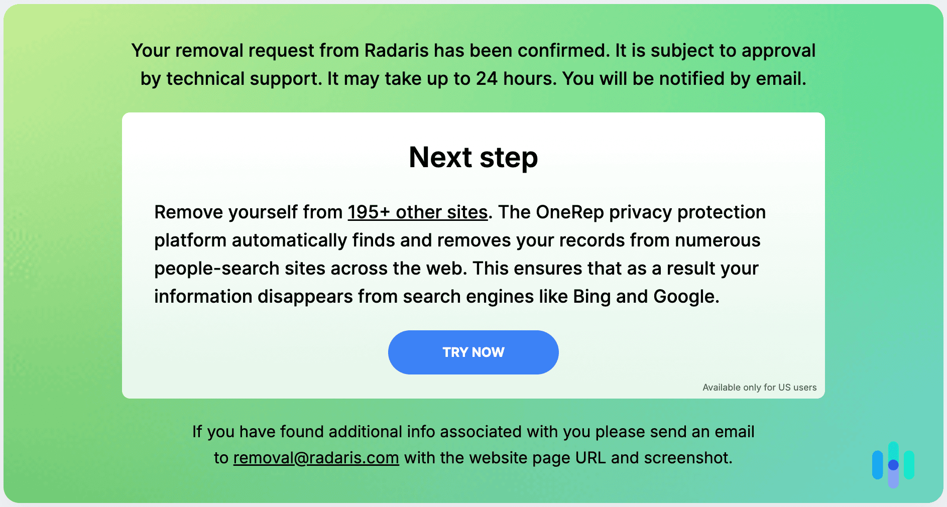 Radaris opt out confirmation