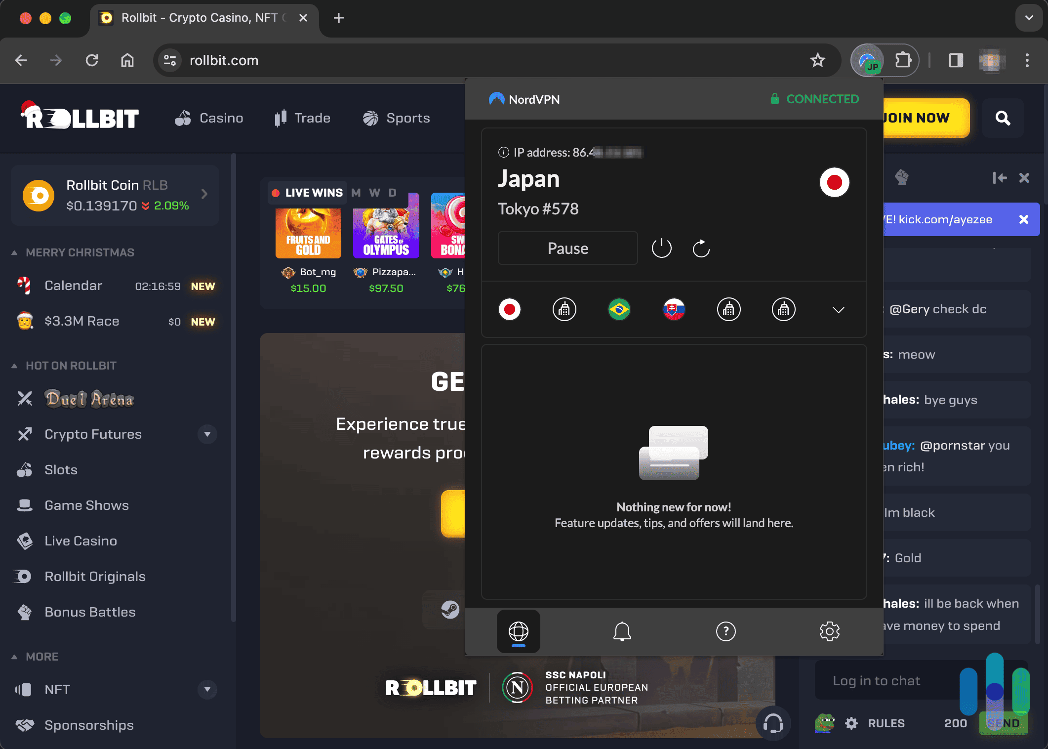 Using a VPN connected to Japan will load sites like Rollbit