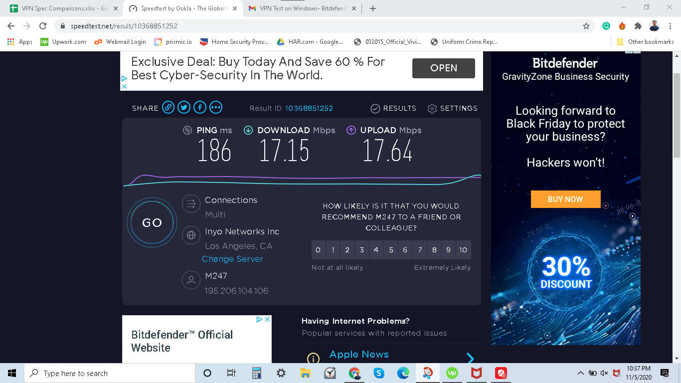 Speedtest with Bitdefender VPN