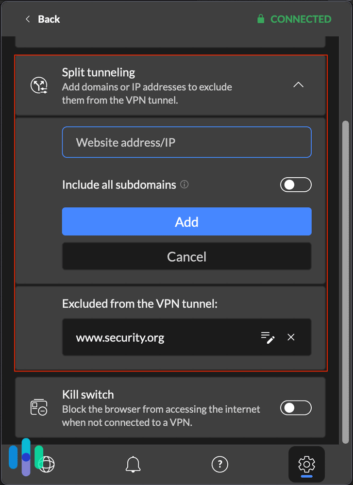 Split tunneling settings