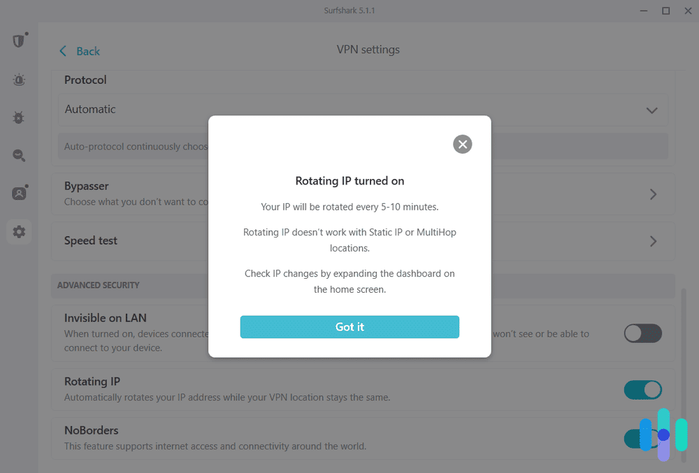 Surfshark's rotating IP addresses feature