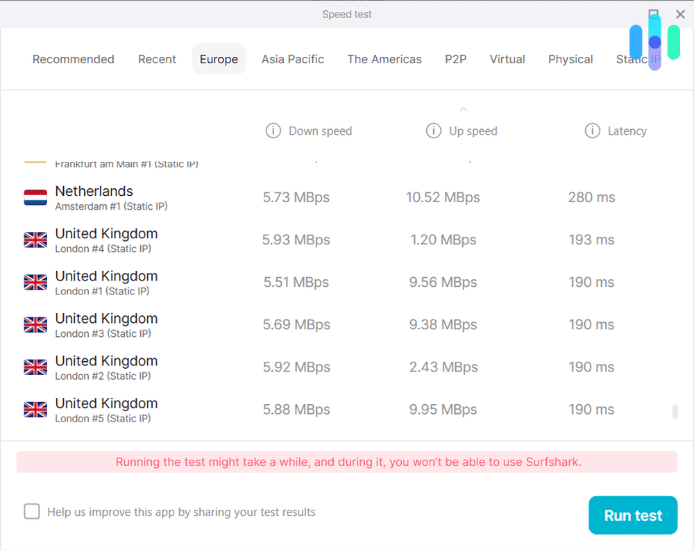 Surfshark's in-app speed test tool