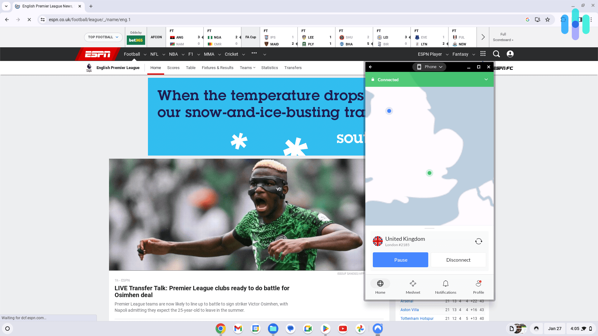 On a Chromebook, testing NordVPN connected to the UK viewing ESPN.co.uk content
