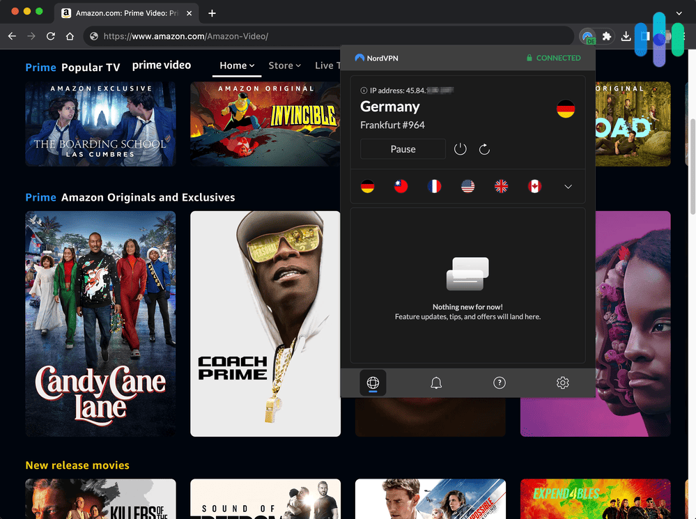 Testing the NordVPN Chrome App on Prime Video connected to Germany