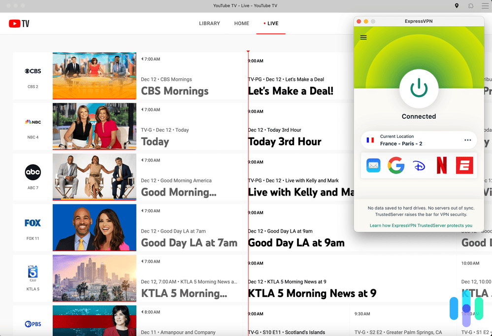 Testing YouTube TV with ExpressVPN connected to a France IP address