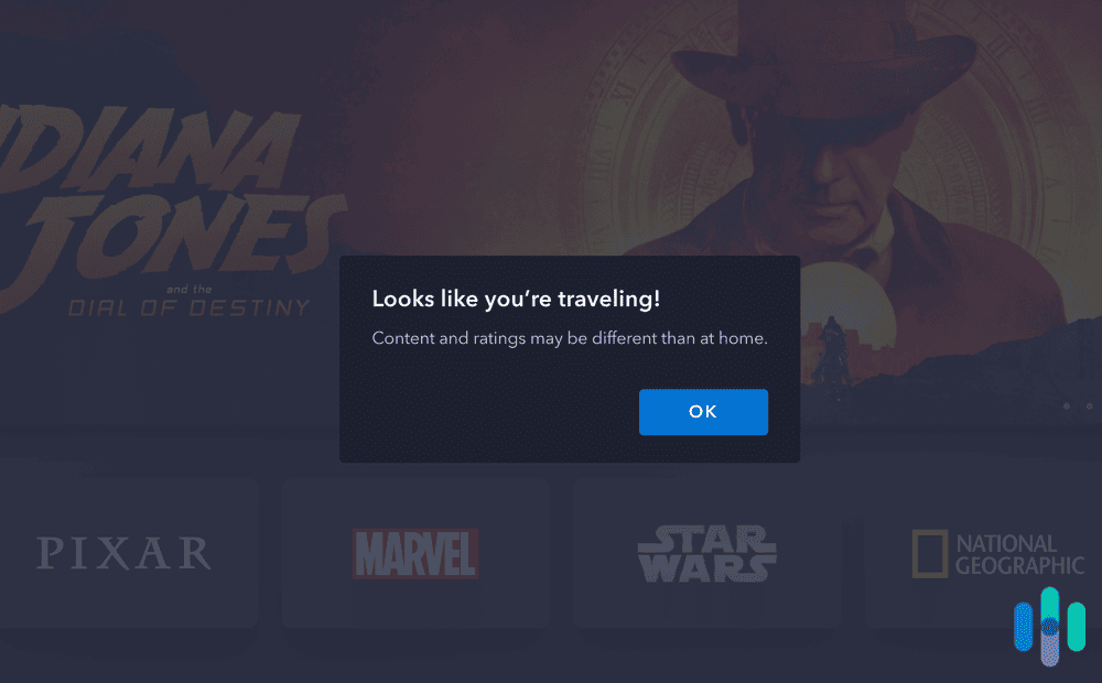 Travel popup on Disney+ which noticed we were in a different location