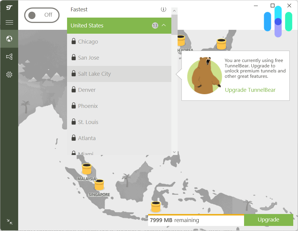 TunnelBear city-level server selection