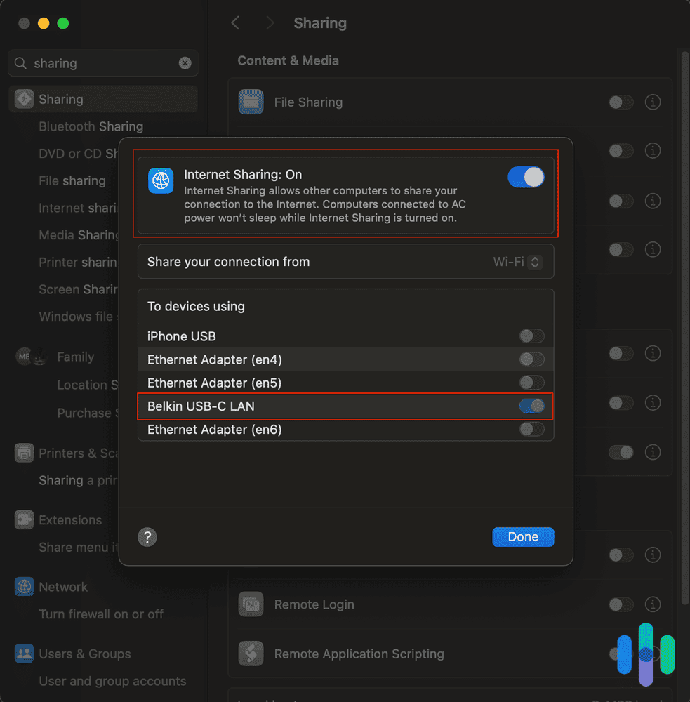 Turning on Internet Sharing on Mac