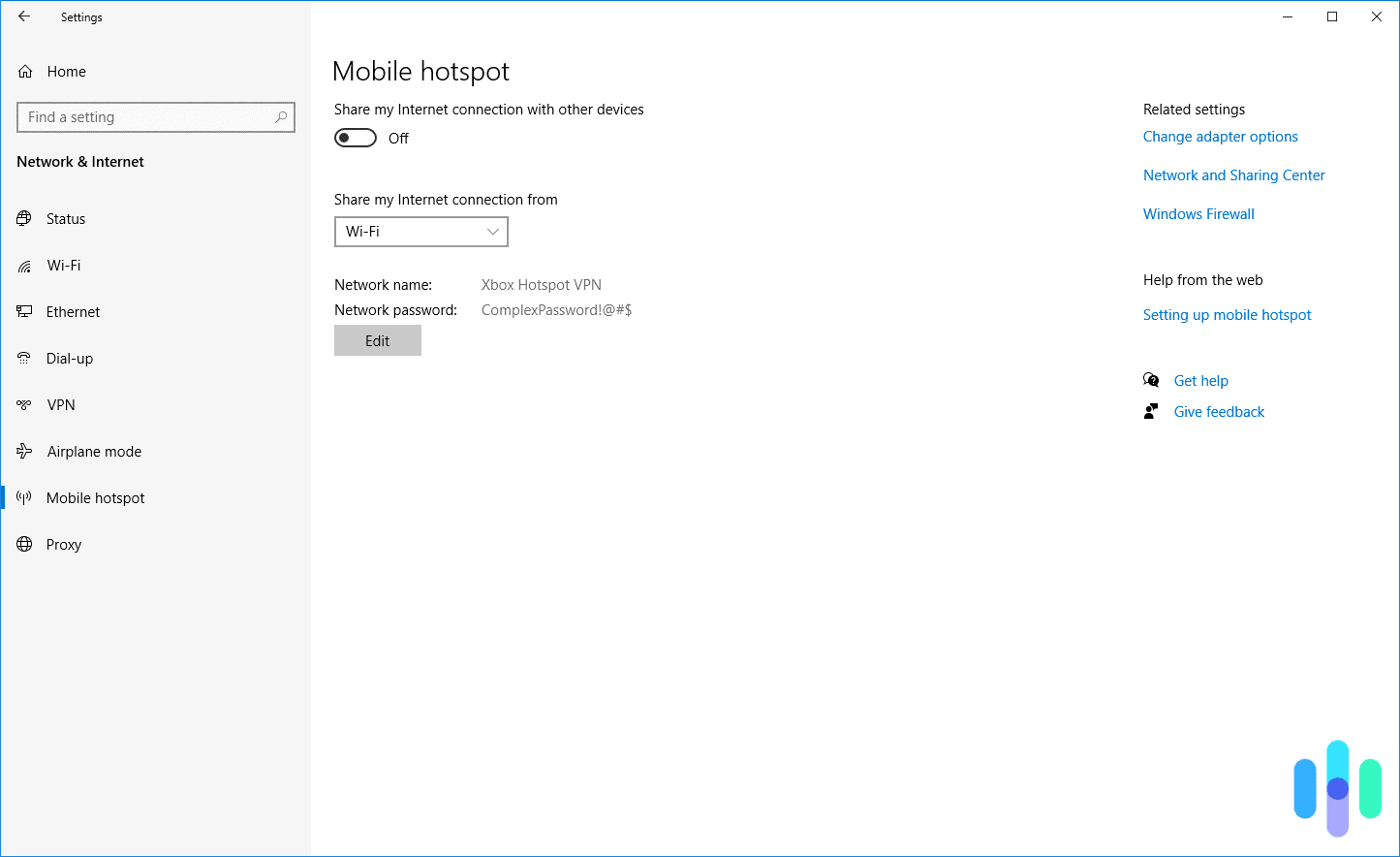 Mobile hotspot settings on Windows