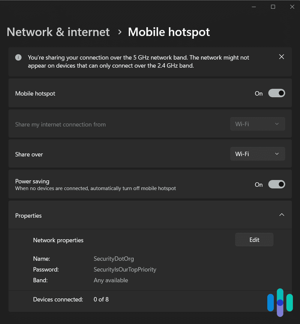 You can share your PC’s Wi-Fi connection, including its VPN access, with any Wi-Fi-enabled device.