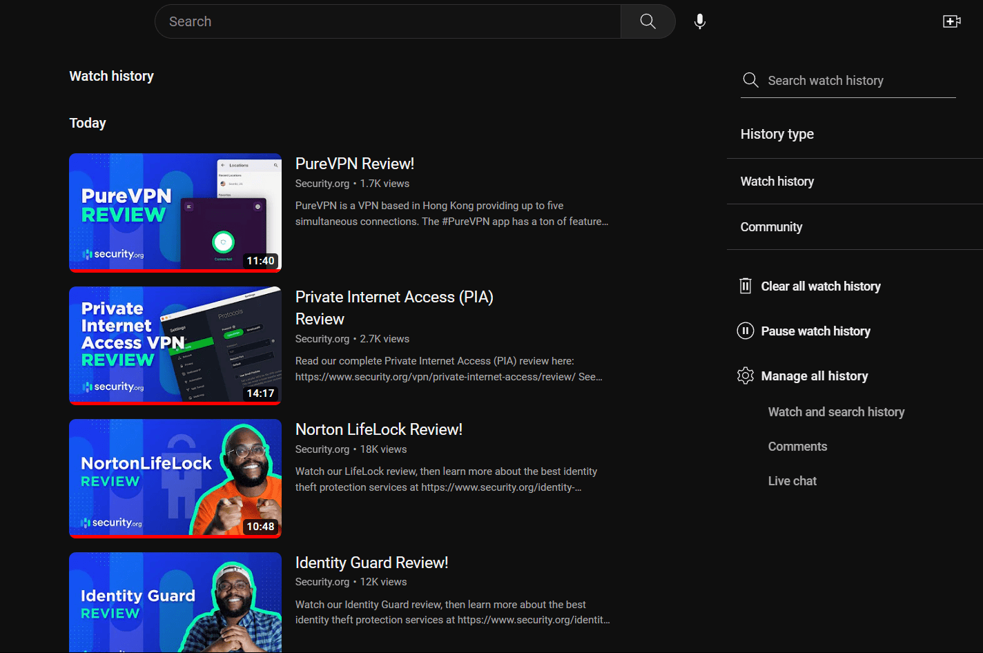 YouTube watch history